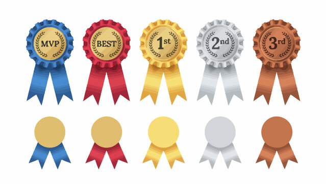 Set of colorful award ribbons and medals for competition achievements isolated