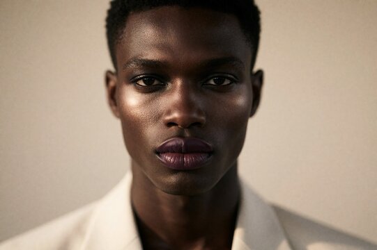 Close-up portrait of a handsome South African male model with luxury makeup and highlighter, wearing a white blazer