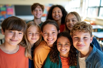 Fototapeta premium Diverse middle school students posing for a warm classroom group portrait