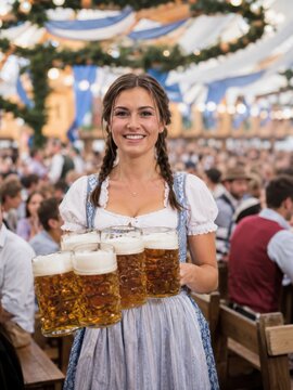 Bedienung im Dirndl tr&auml;gt mehrere Ma&szlig;kr&uuml;ge &ndash; Eine l&auml;chelnde Kellnerin serviert Bier durch ein gut besuchtes Festzelt und verk&ouml;rpert Service, Stimmung und bayerische Tradition.