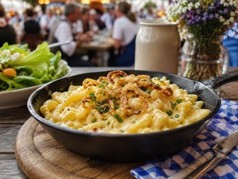 Vegetarische K&auml;sesp&auml;tzle auf dem Volksfest &ndash; Cremige Sp&auml;tzle mit geschmolzenem K&auml;se, R&ouml;stzwiebeln und Kr&auml;utern werden in einer rustikalen Pfanne mit Salat serviert.