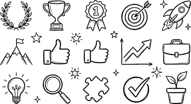 Business and success success doodle icons set with rocket trophy target thumb up chart