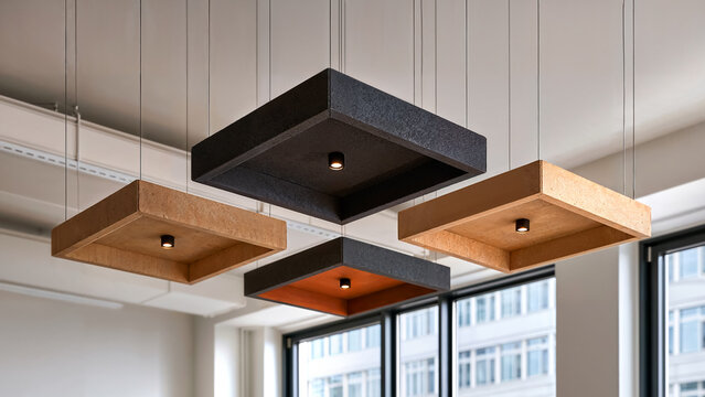 Suspended acoustic ceiling panels in contemporary interior