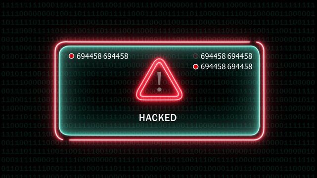Cybersecurity alert warning screen featuring a glowing neon red triangle and the text hacked displayed over a dark digital binary code background, for data breach, network security, and, it threat