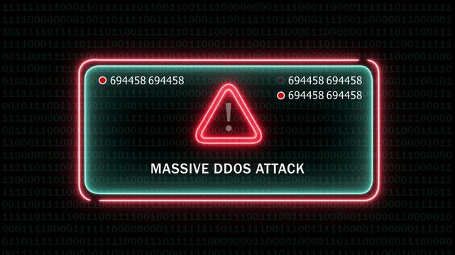 Massive ddos attack warning alert on digital interface with binary code background, cyber security breach notification, network intrusion emergency signal, information technology threat