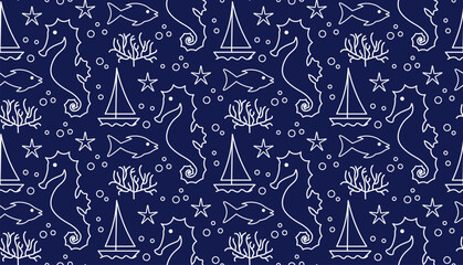 Seamless nautical pattern with seahorses, sailboats, and marine life © Halyna