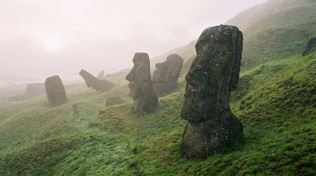 Ancient Moai Statues In Mist