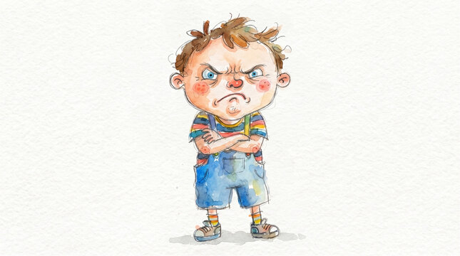 Angry Child with Folded Arms in Watercolor Style, Emotional Kids Illustration Isolated on White Background