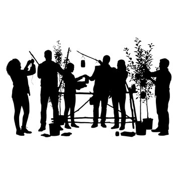Group of people recording music with instruments and microphone isolated on transparent background, Vector