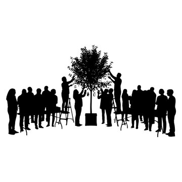 Silhouette group of people standing together with a tree isolated on transparent background, Vector