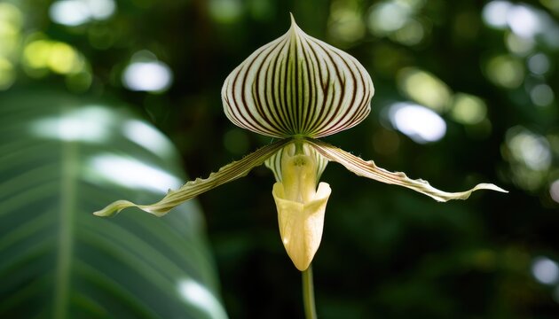 Exotic Paphiopedilum Orchid Flower in Lush Greenery.