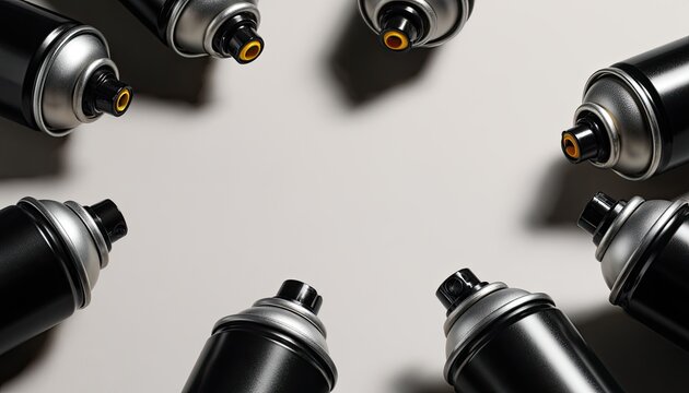 A Circle of Black Spray Paint Cans on a Light Gray Surface.
