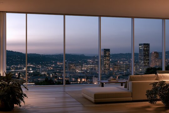 Modern studio with city skyline view in a stylish Oregon apartment