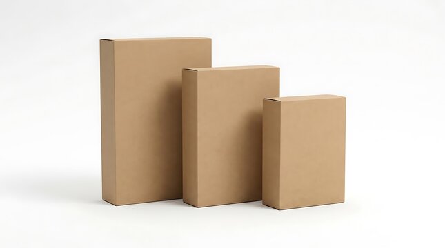 Three different sizes of brown cardboard boxes standing in a row for shipping and product packaging. blank cereal box