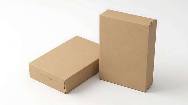 Two empty brown cardboard boxes standing and lying down for product packaging design and shipping use. blank cereal box