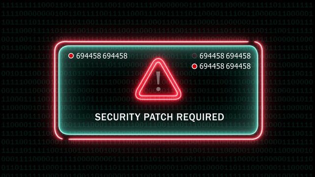Cybersecurity warning interface with neon red alert symbol and digital binary code background, displaying a critical, security patch required, notification for system, software updates and network