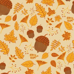 Autumn seamless pattern with hand drawn acorns and fallen foliage leaves © Afiny