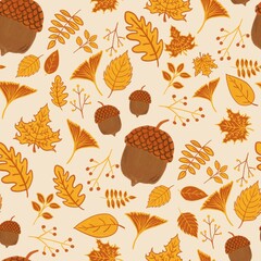 Autumn seamless pattern with hand drawn acorns and fallen foliage leaves © Afiny