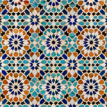 Islamic geometric tile pattern arabesque background, traditional Moroccan design