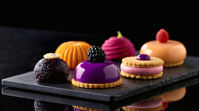 Assorted colorful gourmet desserts and pastries on a black slate plate, luxury modern French patisserie, elegant presentation, dark background.