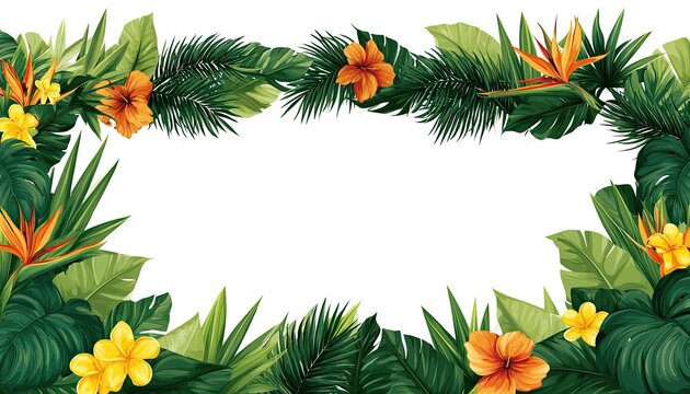 Tropical Floral Border with Exotic Flowers and Lush Greenery.