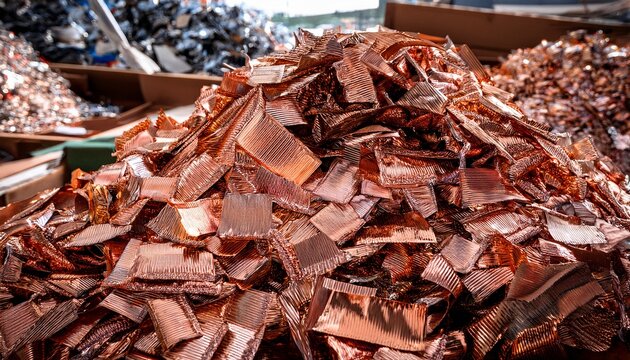close up pile copper foil appears scrap metal pile and other types visible industry themed