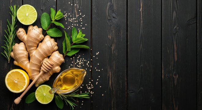 Fresh Ginger Root with Lemon, Lime, Mint, Rosemary and Honey on Dark Wooden Background with Copy Space