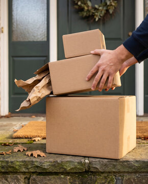 Hands stacking three cardboard delivery parcels on a porch step with one box corner flap open
