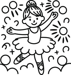 Fototapeta premium A cute hand drawn black and white illustration of a little ballerina dancing surrounded by circles and sparkles design
