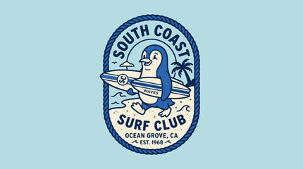 Fototapeta premium Vintage Style Cartoon Penguin Surfer Emblem for Surf Club Coastal Sports Activity