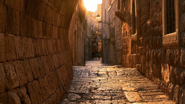 Timeless Jerusalem alley with hand-crafted curved stones, weathered walls and sunlit textures