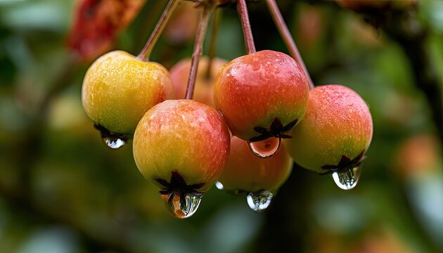 Close-up of ripe crabapples with water droplets clinging to their skin.