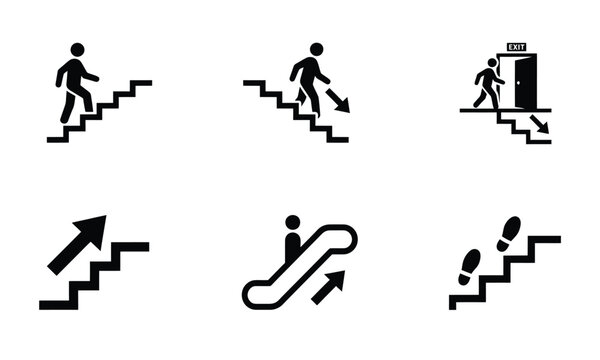 People climbing stairs, descending stairs, and using an escalator for movement and access.