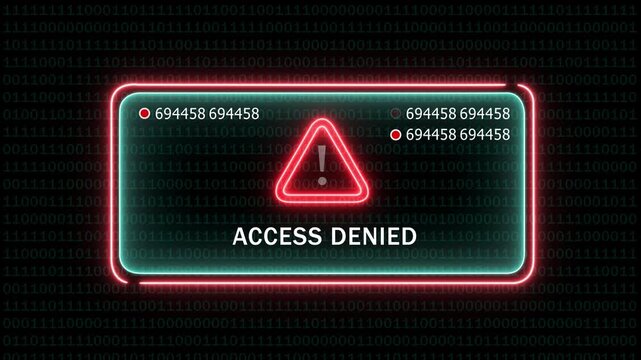 Cyber security access denied warning sign with glowing neon red triangle alert and rapidly changing digital binary code background, for network protection, data breach, hacking, and system error