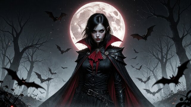 Gothic Vampire Queen Standing Before Full Moon in Dark Forest