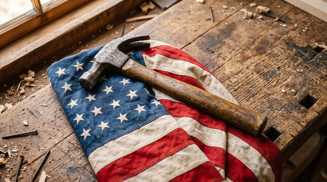 Hammer resting on american flag for labor day patriotic tools and construction