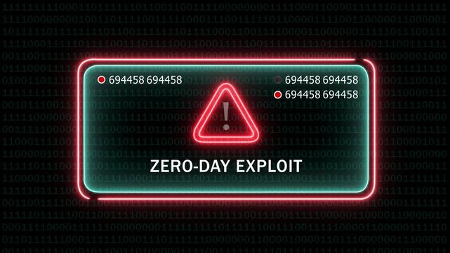 Cybersecurity warning alert featuring zero-day exploit notification with glowing red neon warning triangle and rapidly changing digital binary code background, for advanced network, security concepts