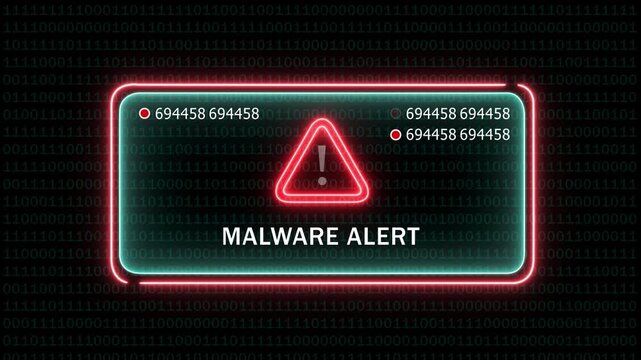 Cyber security malware alert warning sign with glowing red neon frame and digital binary code background, for data breach, protection, network intrusion, detection, and advanced