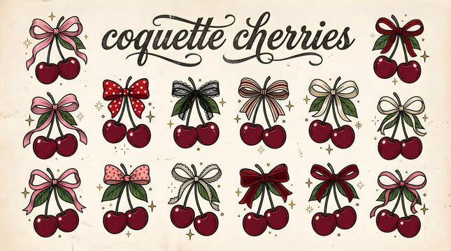 Set of cute cherries with decorative ribbons and bows in coquette aesthetic style