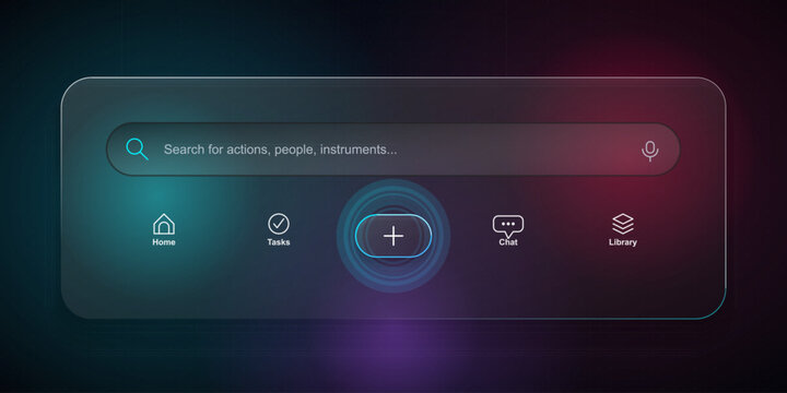 Modern dark glassmorphism search bar and navigation menu with icons for home, tasks, chat, and library, featuring a central plus action button