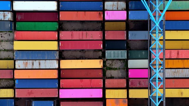 Top View of Moving Blue Crane Over Colorful Shipping Containers
