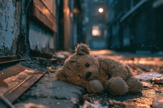 Lonely stuffed animal among urban decay, peeling paint and garbage in a dim back street