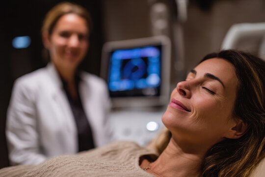 Healthcare scene with a clinician and a relaxed patient in a softly lit hospital room