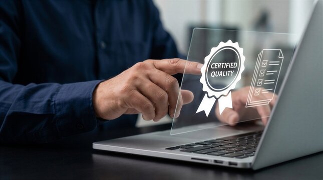 Quality assurance and certification concept with glowing certified quality badge and document checklist icons, businessman using laptop to approve corporate compliance and standard verification