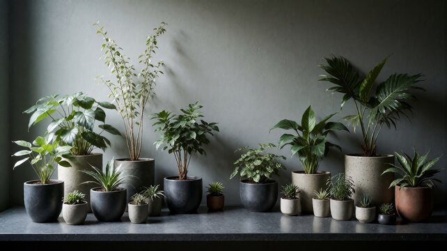 Minimalist Indoor Potted Plant Collection Against Grey Concrete Wall