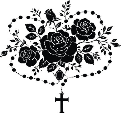 Ornate rose and rosary vector silhouette design with floral elements isolated on white background