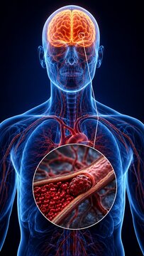Medical Illustration of a Brain Stroke Showing a Blood Clot Blockage in a Cerebral Artery with Human Anatomy
