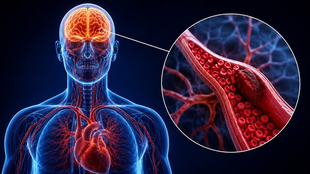 3D Medical Illustration of a Cerebral Thrombosis and Blood Clot in the Human Brain leading to Ischemic Stroke