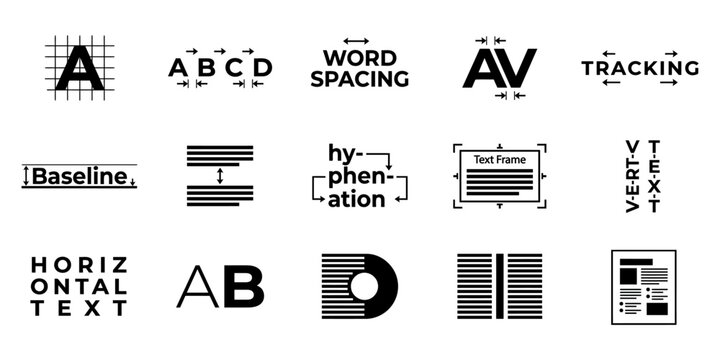Educational infographic showing various typography and graphic design terminology with simple black and white line icons