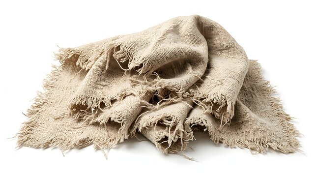 Crumpled piece of fringed woven burlap fabric demonstrating rustic textile textures and sustainable interior decor materials